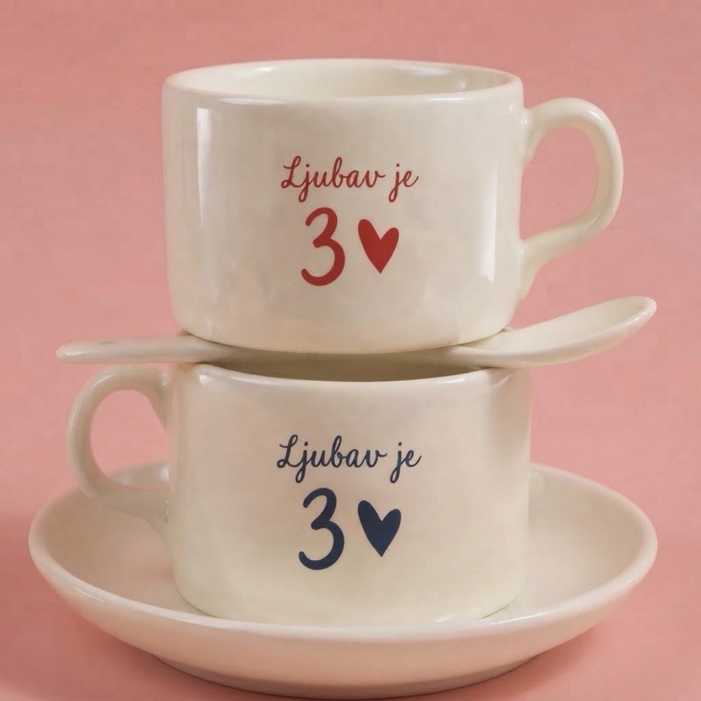 Dve krem šoljice sa tacnom i kašičicom, natpis Ljubav je 3 sa srcem, u crvenoj i teget boji
